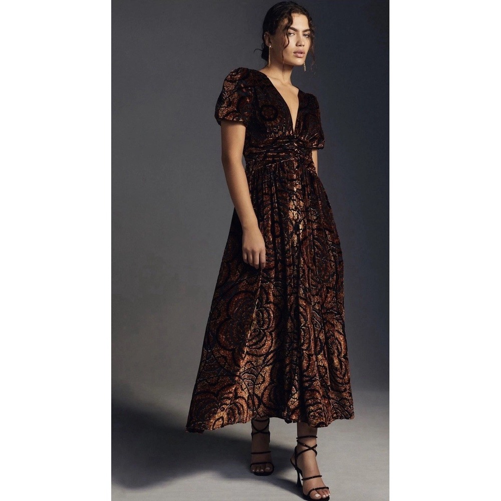 Anthropologie Catalina Burnout Velvet Button Down V-Neck MIDI Dress Petite 4